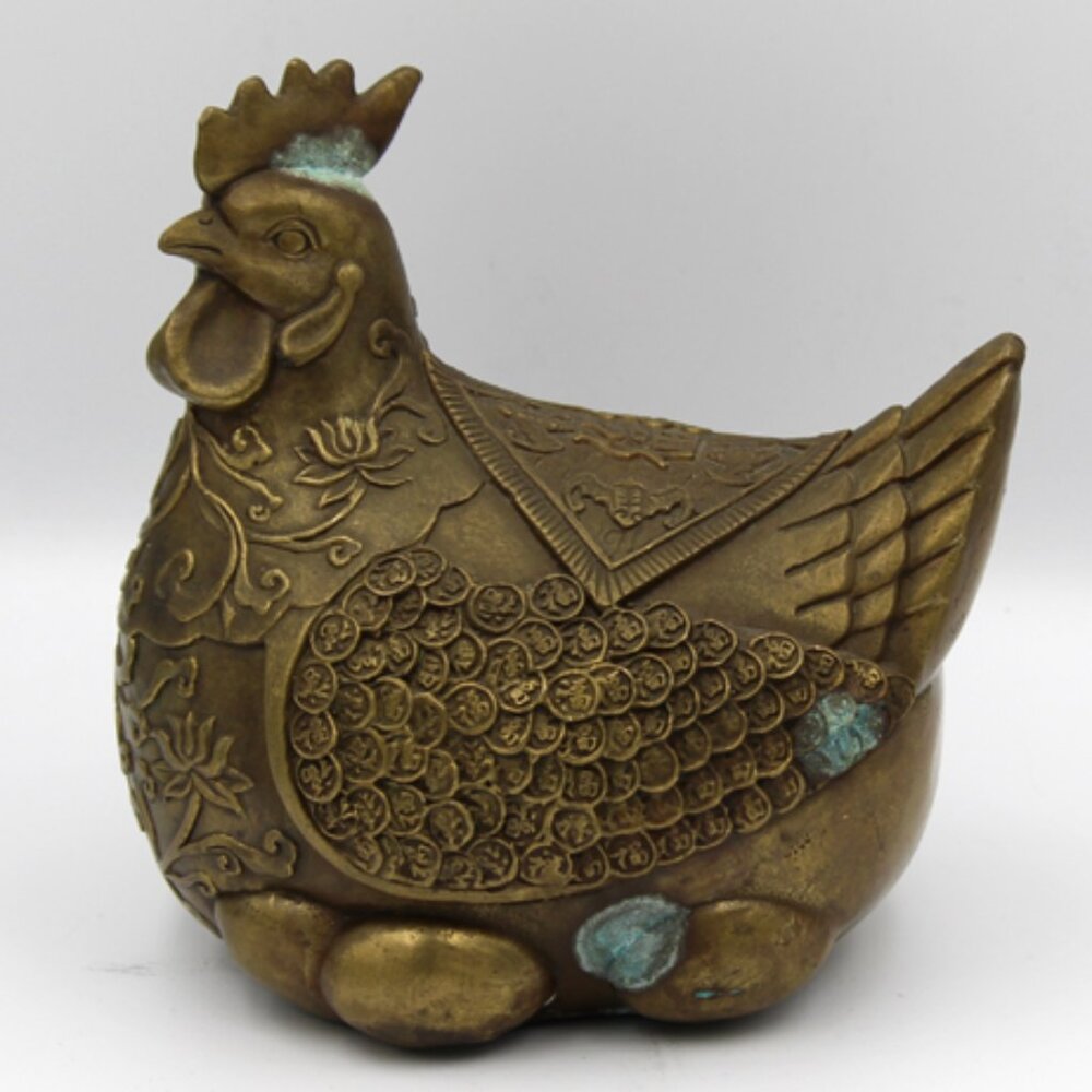Antique Chinese Brass Hen Statue of Wealth